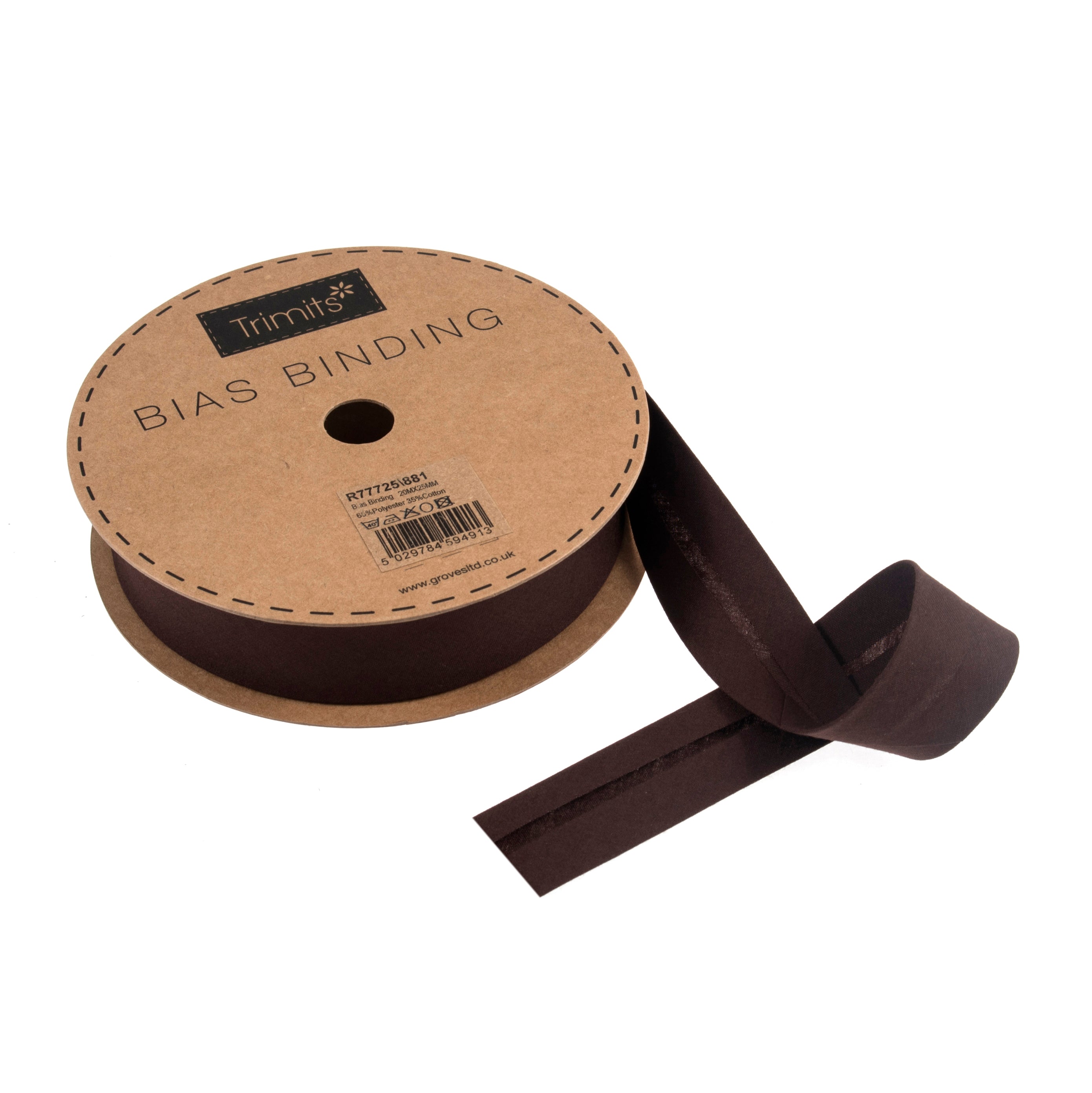 20m roll of Chocolate Brown Bias Binding | 25mm width from Jaycotts Sewing Supplies