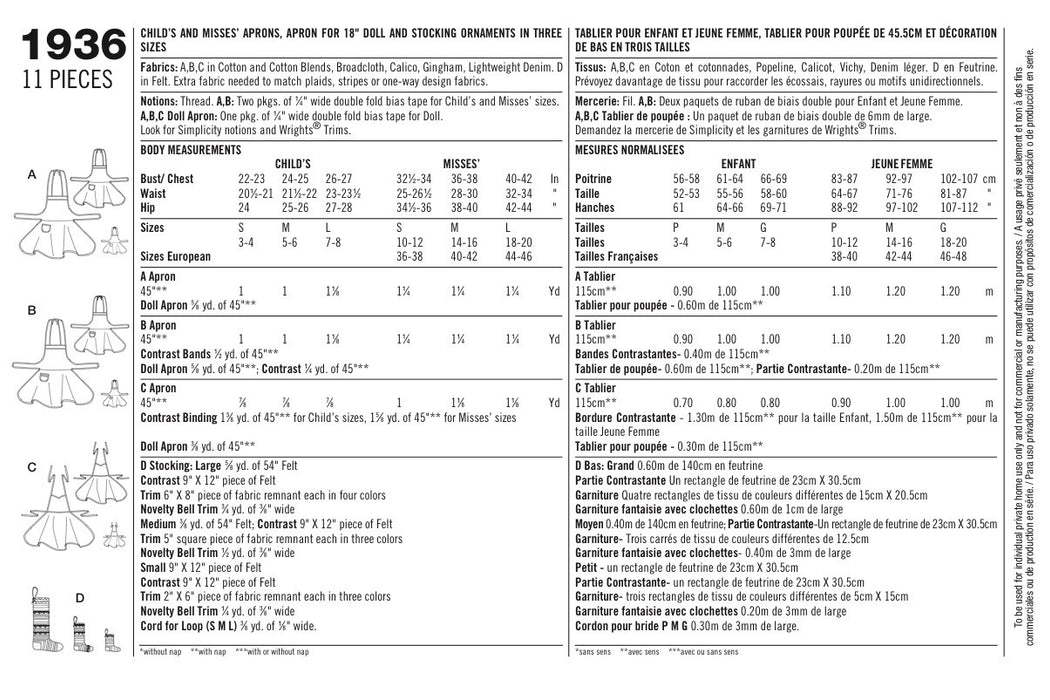 Simplicity Pattern 1936 Aprons for Child's, Misses' & Dolls + Stocking Ornament from Jaycotts Sewing Supplies