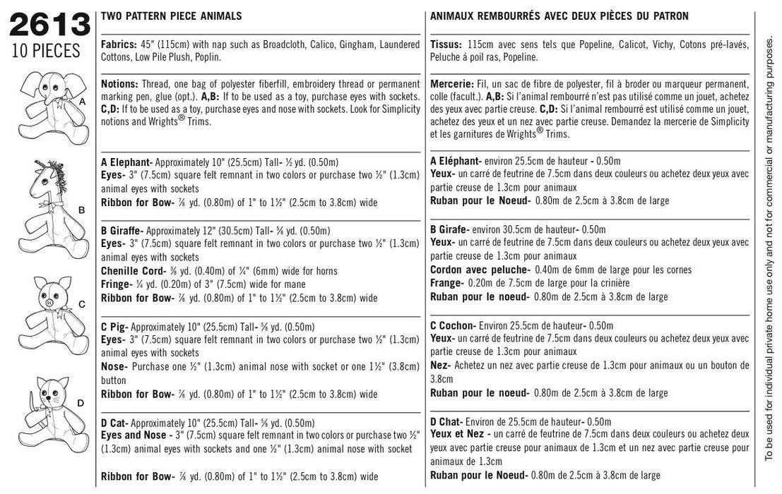 Simplicity Pattern 2613 Stuffed Animals from Jaycotts Sewing Supplies