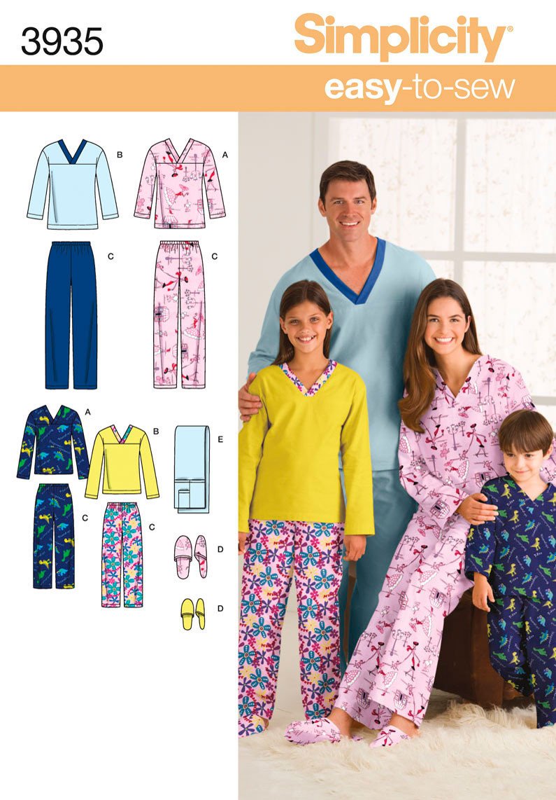 Simplicity Pattern 3935 Unisex child, teen and adult pyjamas from Jaycotts Sewing Supplies