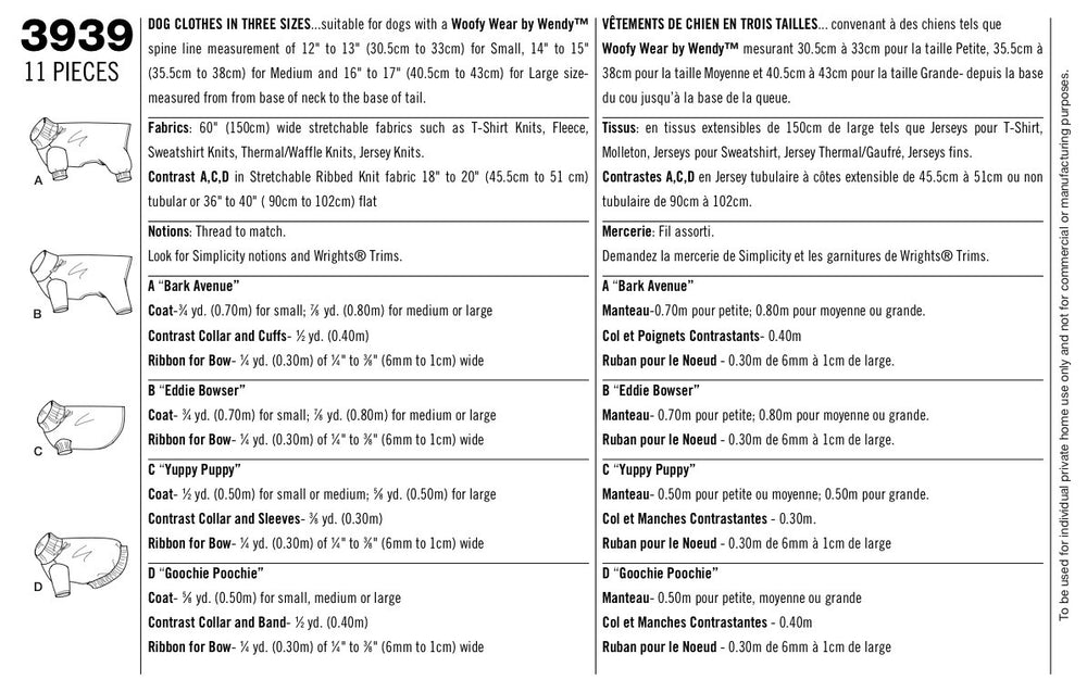 Simplicity Pattern S3939 Dog Clothes — jaycotts.co.uk Sewing Supplies