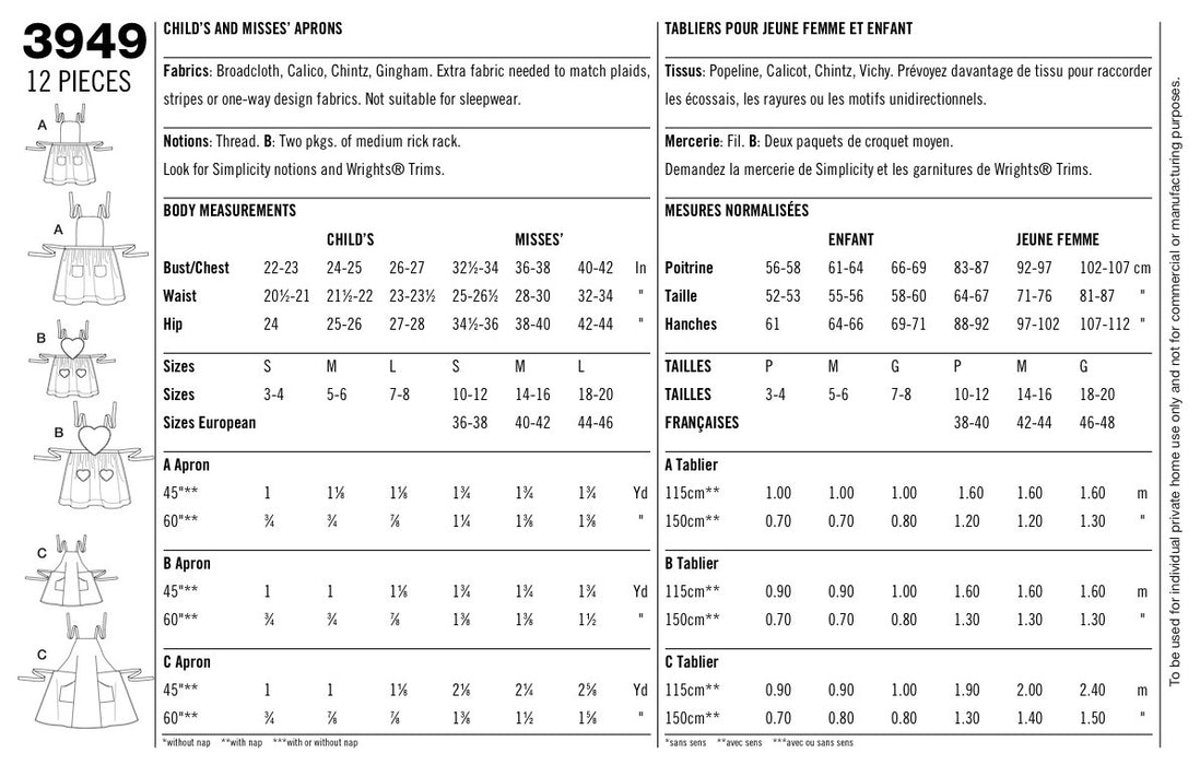 Simplicity 3949 Child & Misses' Apron pattern from Jaycotts Sewing Supplies