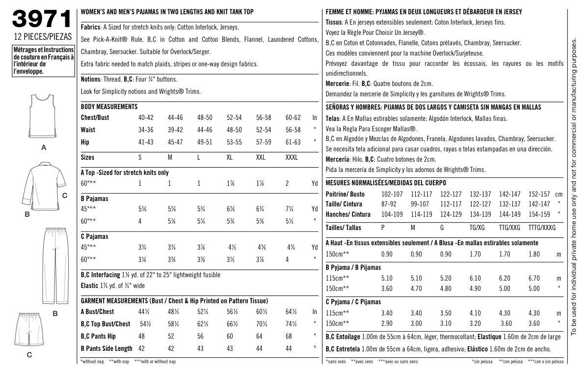Simplicity Pattern: S3971 Misses' & Men's Sleepwear | Plus Size ...