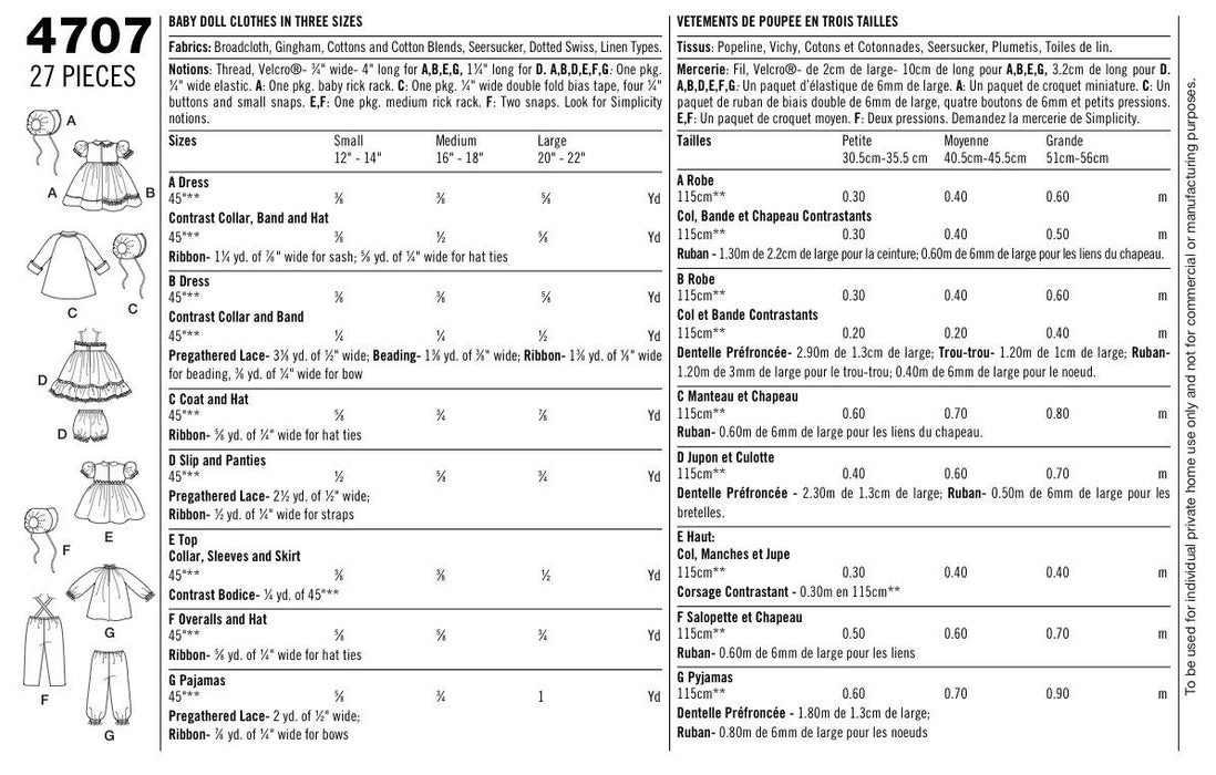 Simplicity 4707 baby Dolls clothes pattern from Jaycotts Sewing Supplies