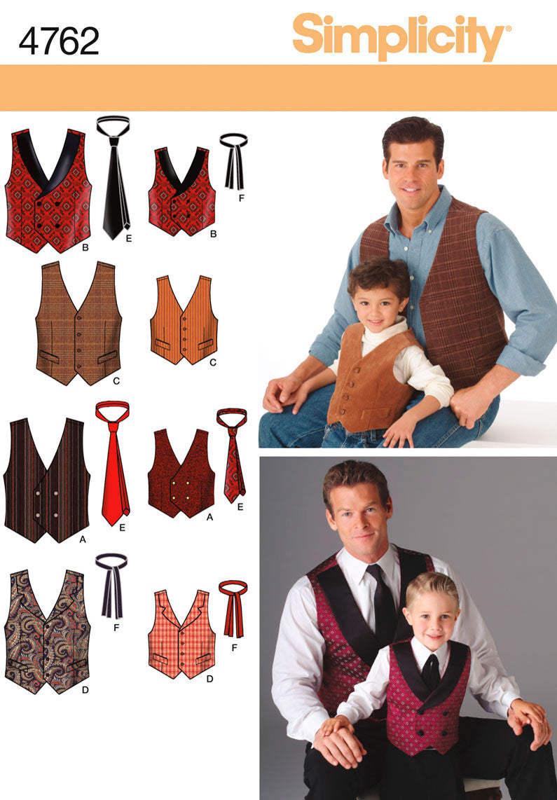 Simplicity Pattern 4762 Boys' and Men's Waistcoats & Ties. from Jaycotts Sewing Supplies
