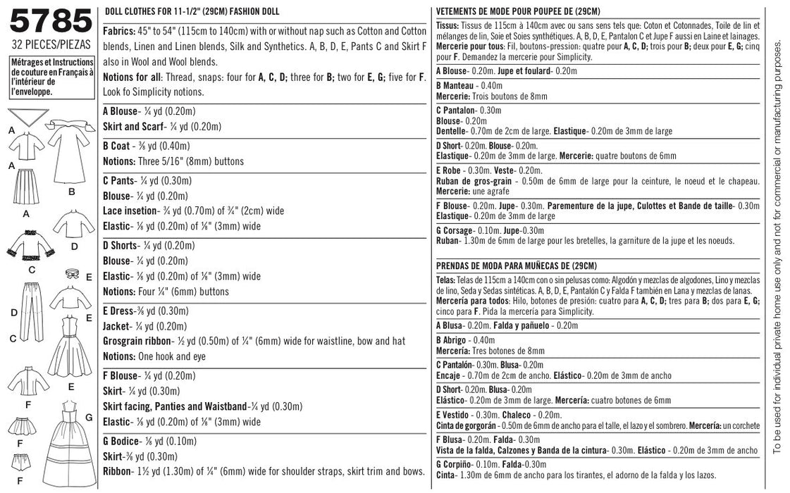 Simplicity Pattern 5785 Wardrobe for 11Â½" Fashion Dolls from Jaycotts Sewing Supplies