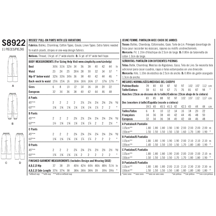 Simplicity Pattern 8922 Missesâ€™ pull-on pants from Jaycotts Sewing Supplies