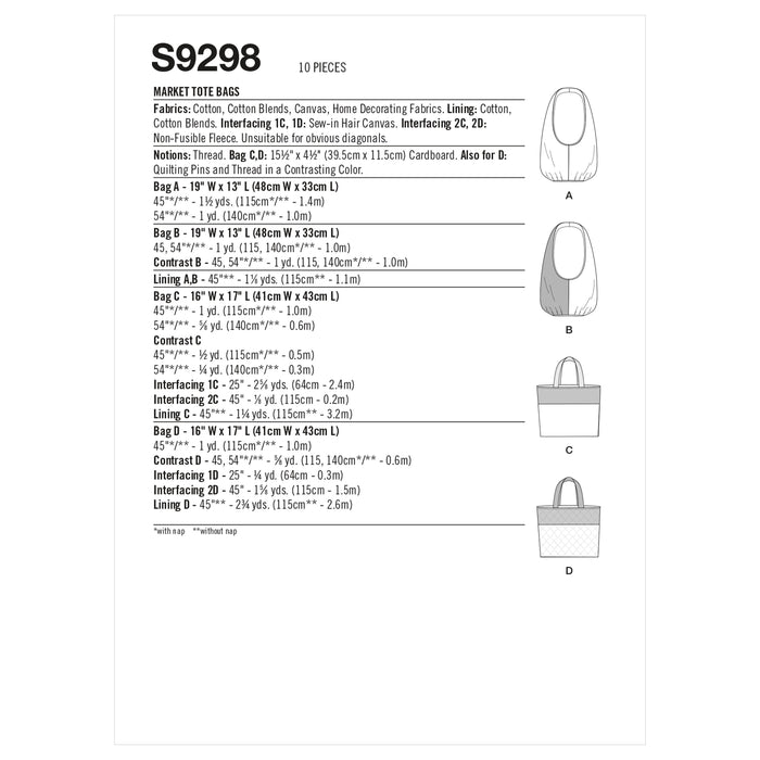 Simplicity Sewing Pattern 9298 Market Tote Bags from Jaycotts Sewing Supplies