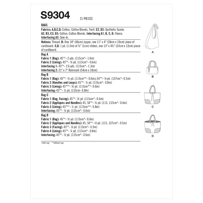 Simplicity Sewing Pattern 9304 Bags from Jaycotts Sewing Supplies