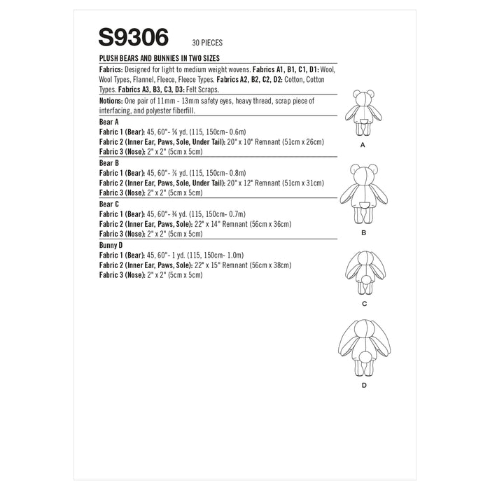Simplicity Sewing Pattern 9306 Plush Bears and Bunnies in Two Sizes from Jaycotts Sewing Supplies