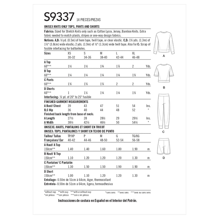 Simplicity Pattern S9337 Unisex Knits Only Tops, Pants and Shorts from Jaycotts Sewing Supplies