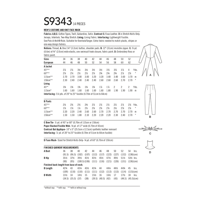 Simplicity Sewing Pattern 9343 Jack Skellington Costume and Face Mask from Jaycotts Sewing Supplies