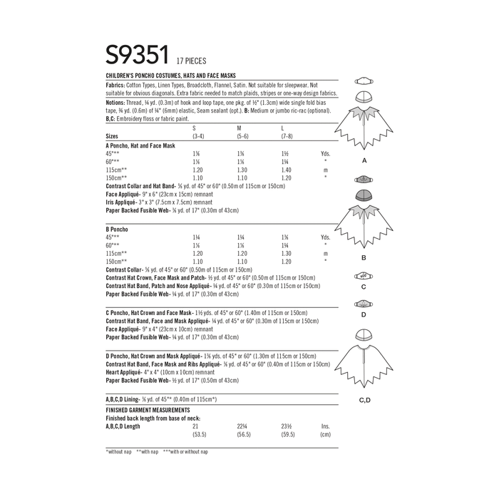Simplicity Sewing Pattern 9351 Children's Poncho Costumes, Hats and Face Masks from Jaycotts Sewing Supplies