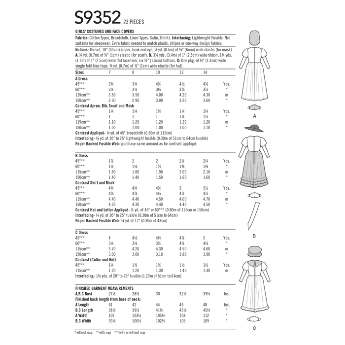 Simplicity Sewing Pattern 9352 Girls' Costumes and Face Covers from Jaycotts Sewing Supplies
