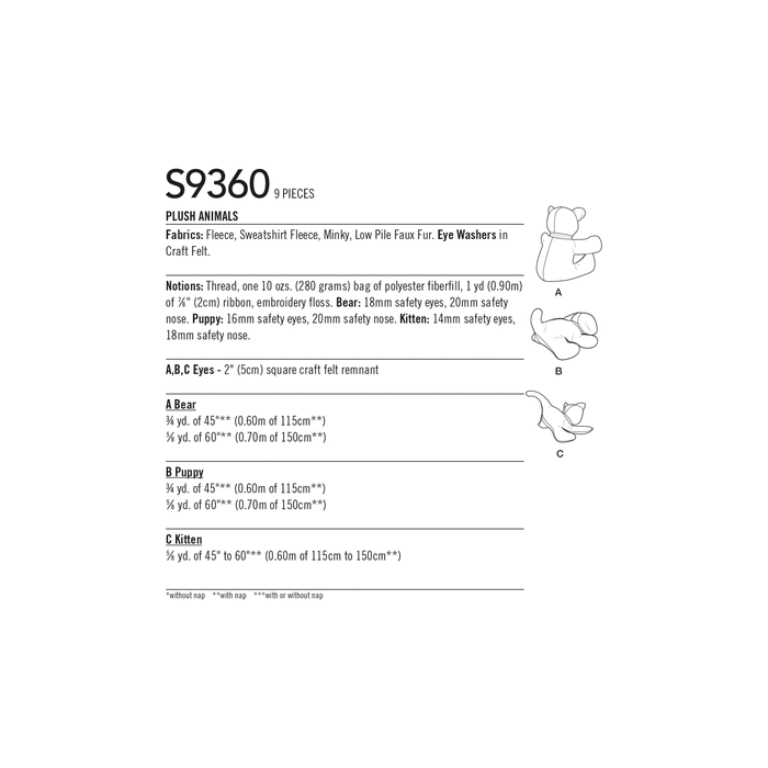 Simplicity Sewing Pattern 9360 Plush Animals from Jaycotts Sewing Supplies