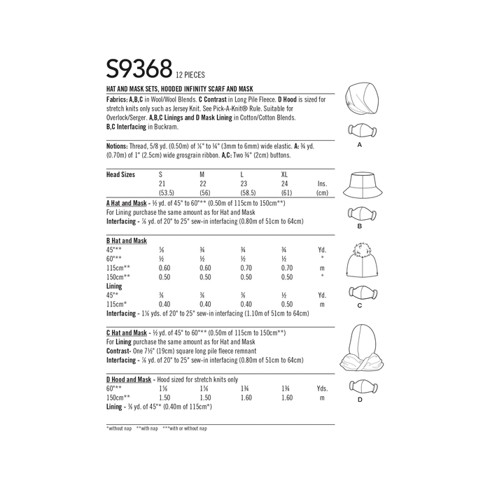 Simplicity Sewing Pattern 9368 Hat and Mask Sets, Hooded Infinity Scarf and Mask from Jaycotts Sewing Supplies