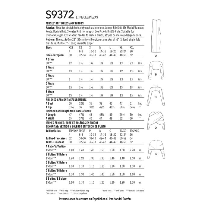 Simplicity Sewing Pattern 9372 Misses' Knit Dress and Shrugs from Jaycotts Sewing Supplies