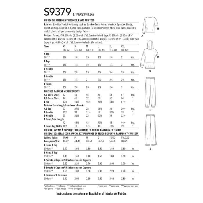 Simplicity Sewing Pattern 9379 Unisex Oversized Knit Hoodies, Pants and Tees from Jaycotts Sewing Supplies