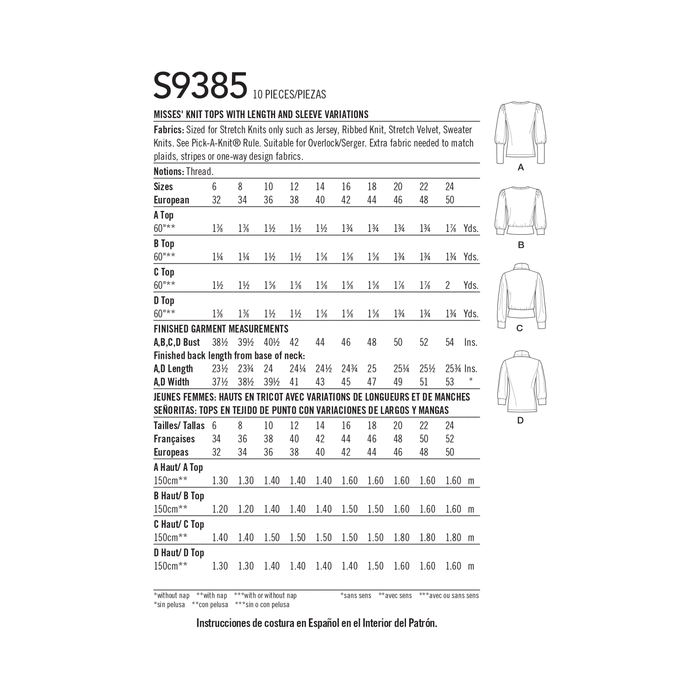 Simplicity Sewing Pattern 9385 Misses' Knit Tops with Length and Sleeve Variations from Jaycotts Sewing Supplies