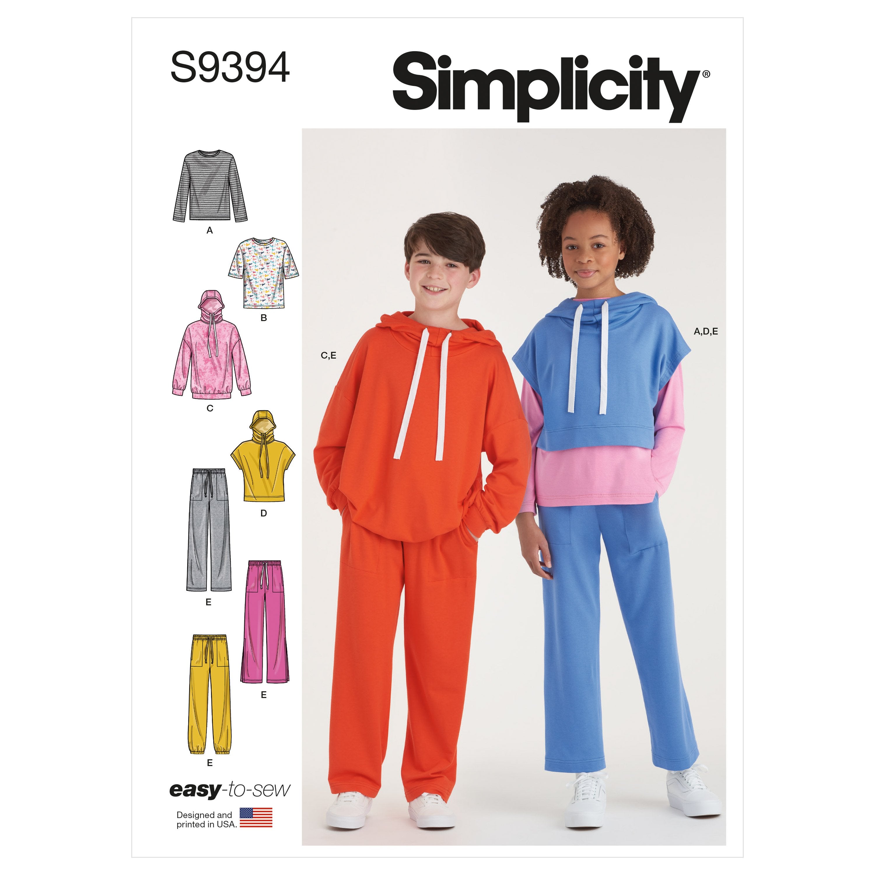 Simplicity Sewing Pattern 9394 Boys' and Girls' Oversized Knit Hoodies, Pants and Tops from Jaycotts Sewing Supplies