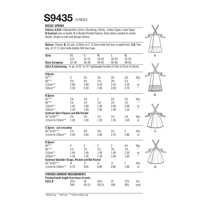 Simplicity Sewing Pattern 9435 Misses' Aprons from Jaycotts Sewing Supplies