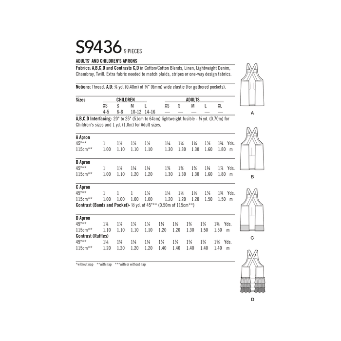 Simplicity Sewing Pattern 9436 Adults' and Children's Aprons from Jaycotts Sewing Supplies