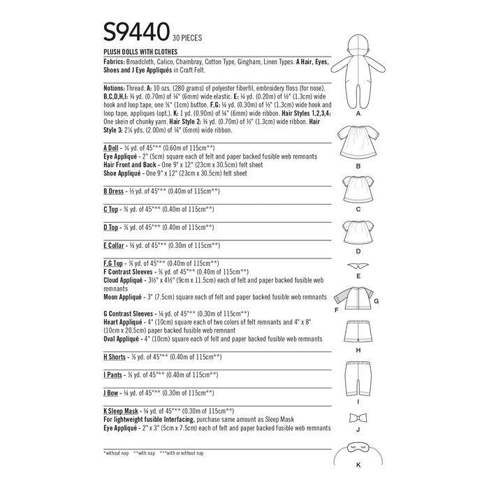 Simplicity Sewing Pattern 9440 Plush Dolls with Clothes from Jaycotts Sewing Supplies