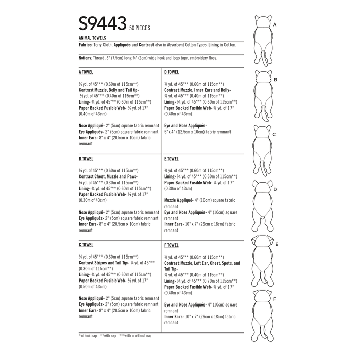 Simplicity Sewing Pattern 9443 Animal Towels from Jaycotts Sewing Supplies