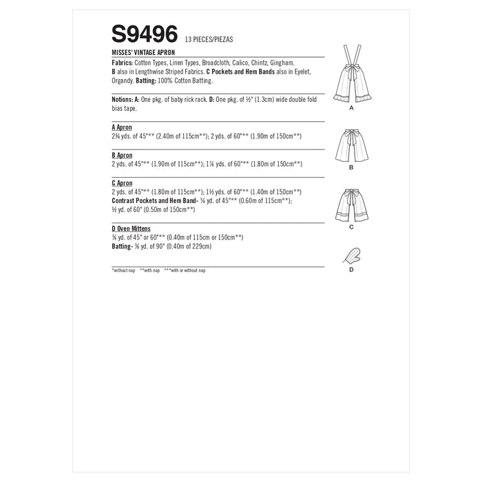 Simplicity Sewing Pattern 9496 Misses Vintage Apron from Jaycotts Sewing Supplies