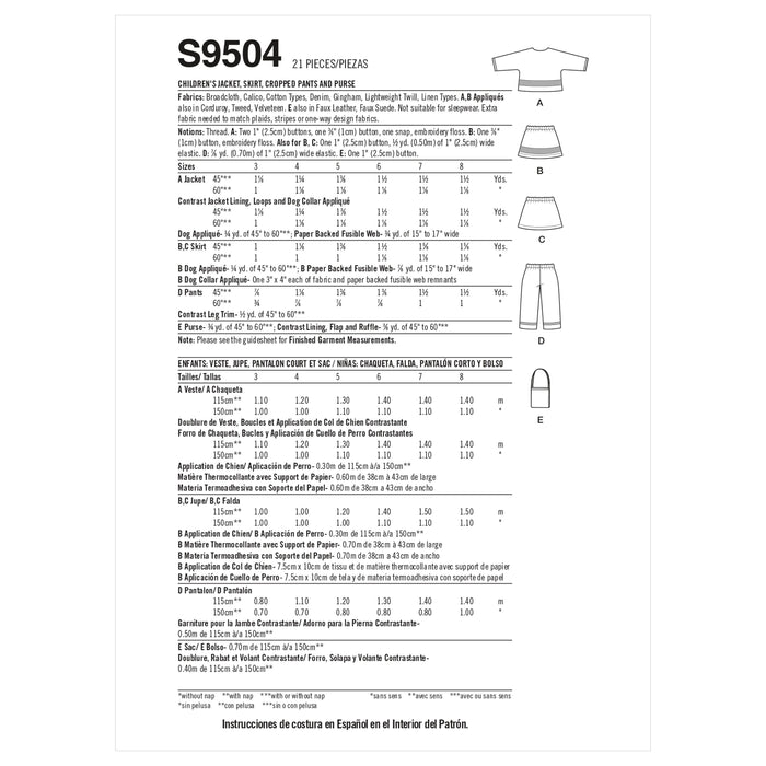 Simplicity Sewing Pattern 9504 Childrens Jacket, Skirt, Cropped Pants and Purse from Jaycotts Sewing Supplies
