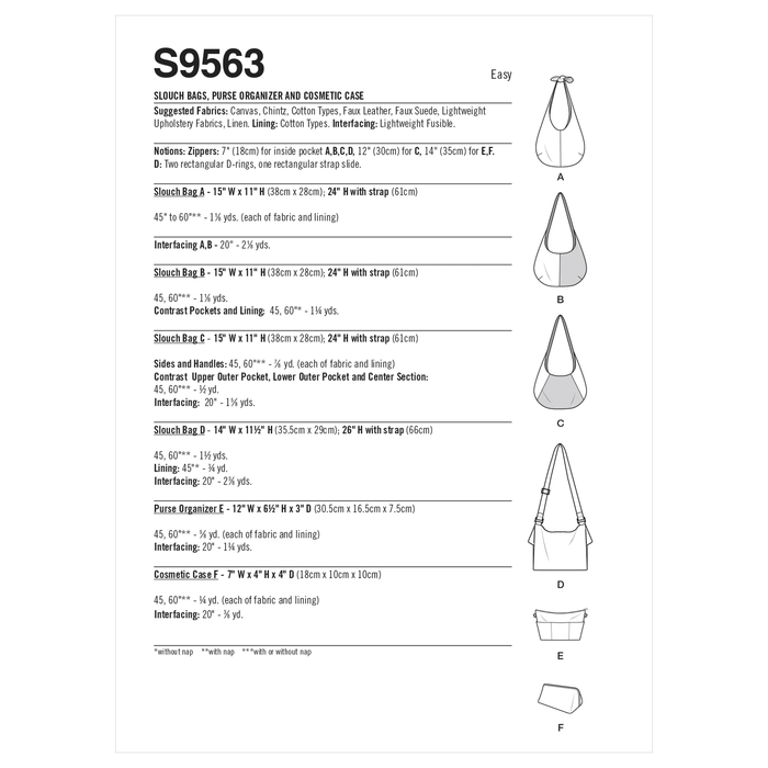 Simplicity 9563 Slouch Bags, Purse, and Cosmetics Case pattern from Jaycotts Sewing Supplies