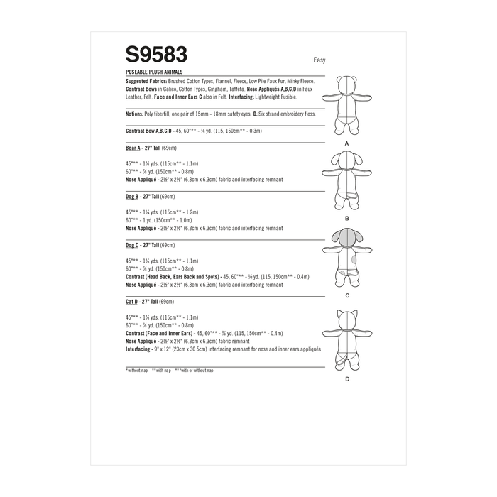 Simplicity Sewing Pattern 9583 Poseable Plush Animals by Elaine Heigl from Jaycotts Sewing Supplies