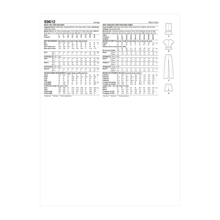 Simplicity Sewing Pattern 9612 Misses' Tops, Trousers and Shorts from Jaycotts Sewing Supplies