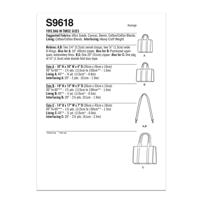 Simplicity sewing pattern 9618 Tote Bag in Three Sizes from Jaycotts Sewing Supplies