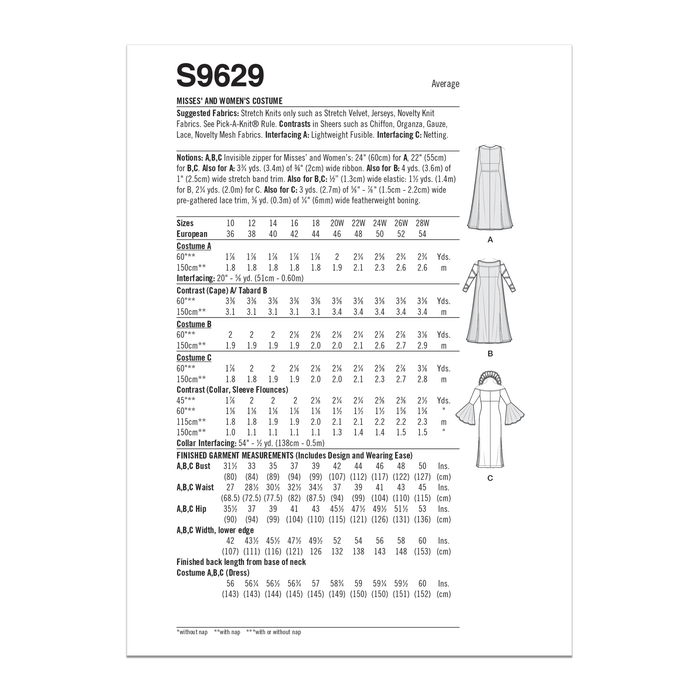 Simplicity sewing pattern 9629 Misses' and Women's Costumes from Jaycotts Sewing Supplies