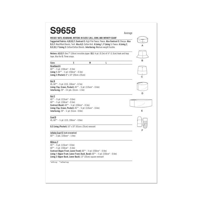 Simplicity pattern 9658 Misses' Hats, Headband, Mittens, Cowl and Infinity Scarf from Jaycotts Sewing Supplies