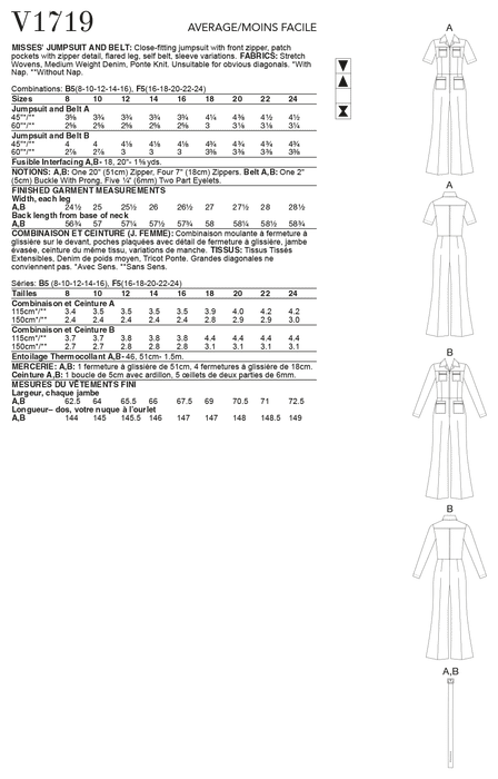 Vogue sewing pattern 1719 Jumpsuit and Belt from Jaycotts Sewing Supplies