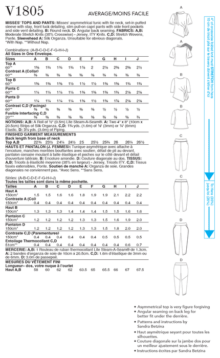 Vogue Sewing pattern 1805 Misses' Tops and Pants from Jaycotts Sewing Supplies