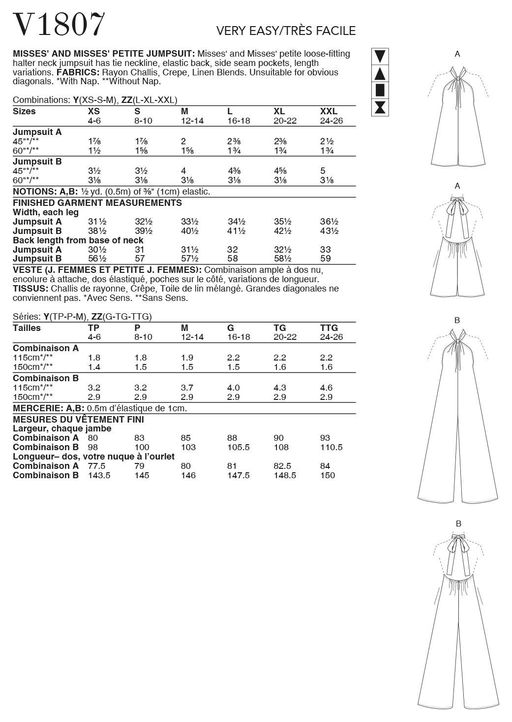 Vogue Sewing pattern 1807 Misses' and Misses' Petite Jumpsuits from Jaycotts Sewing Supplies