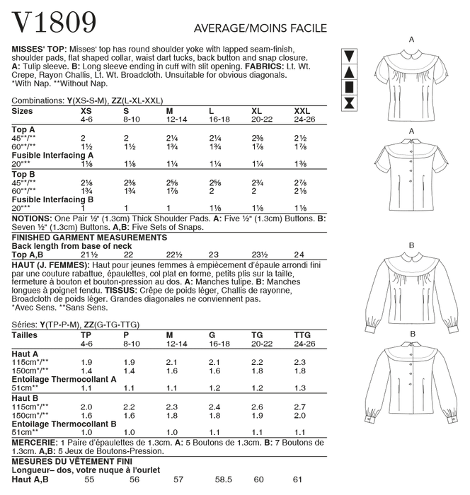 Vogue Sewing pattern 1809 Misses' Tops from Jaycotts Sewing Supplies