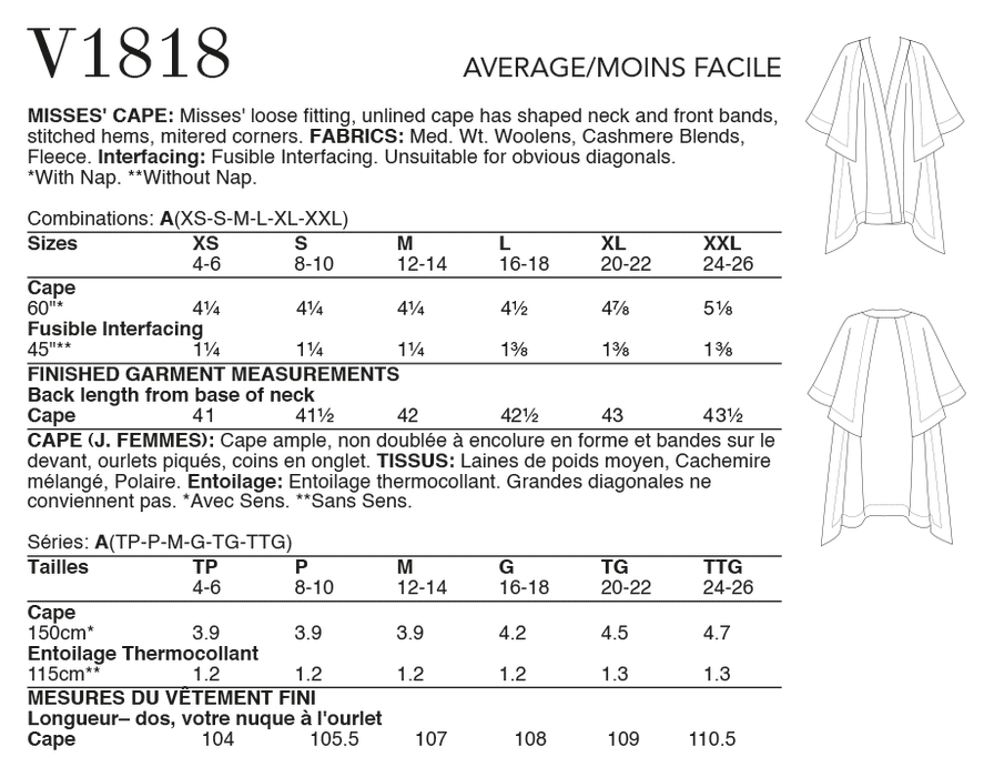 Vogue Sewing pattern 1818 Misses' Cape from Jaycotts Sewing Supplies