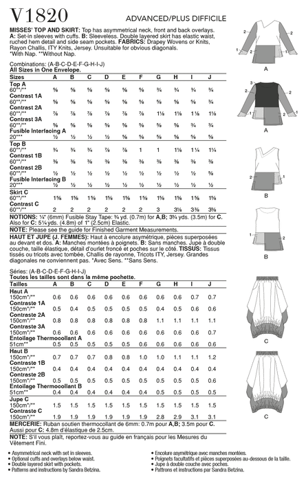 Vogue Sewing pattern 1820 Misses' Top and Skirt from Jaycotts Sewing Supplies