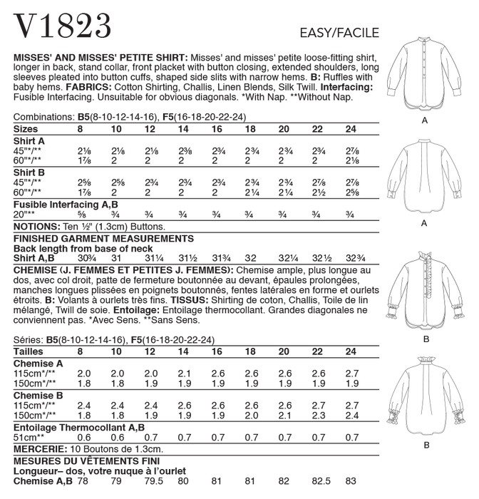 Vogue Sewing pattern 1823 Misses' and Misses' Petite Shirt from Jaycotts Sewing Supplies