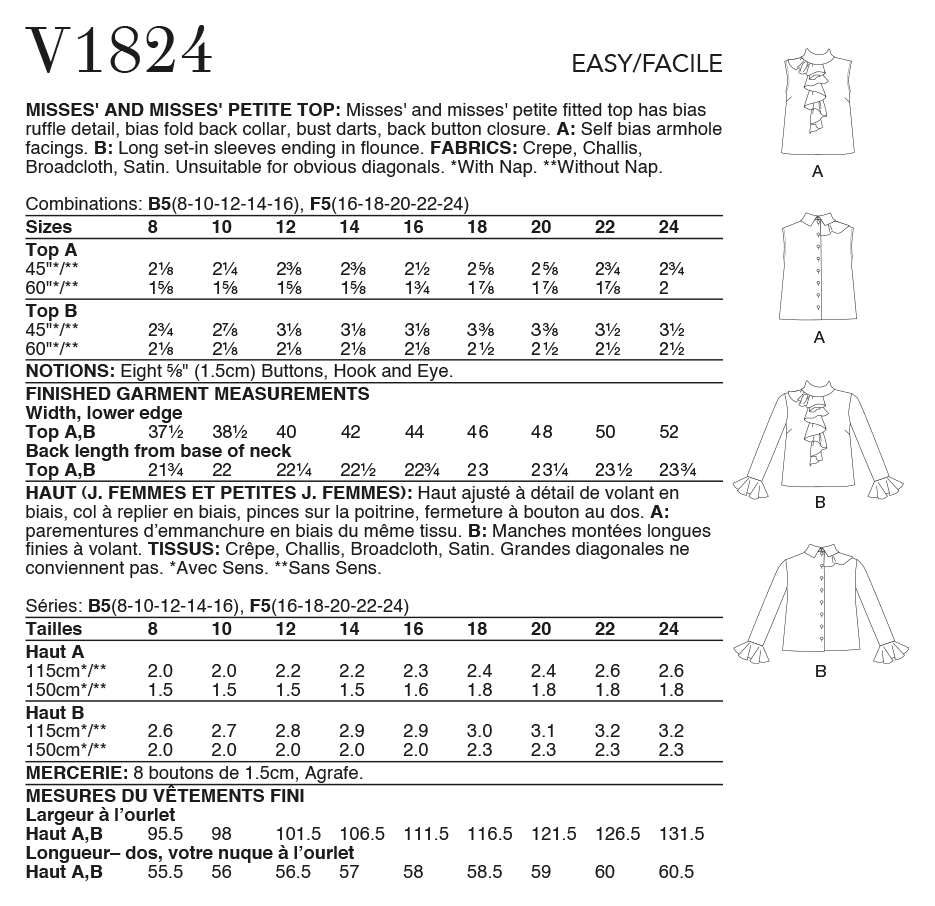 Vogue Sewing pattern 1824 Misses' and Misses' Petite Top from Jaycotts Sewing Supplies