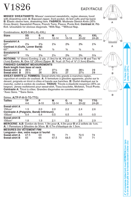 Vogue Sewing pattern 1826 Misses' Sweatshirts from Jaycotts Sewing Supplies