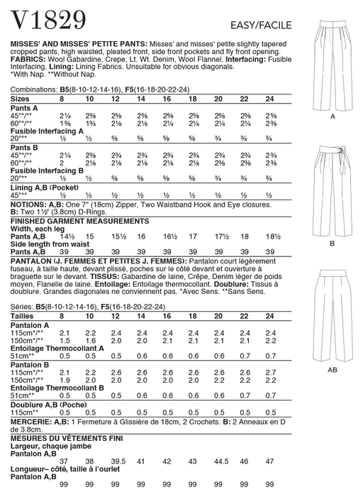 Vogue Sewing pattern 1829 Misses' and Misses' Petite Trousers from Jaycotts Sewing Supplies