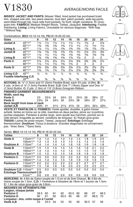 Vogue Sewing pattern 1830 Misses' Jacket and Pants from Jaycotts Sewing Supplies