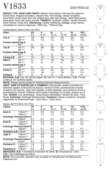 Vogue Sewing pattern 1833 Misses' Top, Skirt and Pants from Jaycotts Sewing Supplies