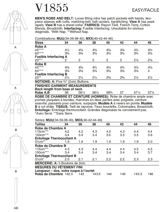 Vogue 1855 Mens Robe and Belt pattern from Jaycotts Sewing Supplies