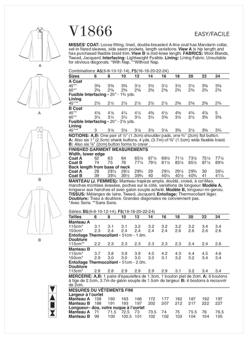 Vogue Sewing Pattern 1866 Misses' Coat from Jaycotts Sewing Supplies